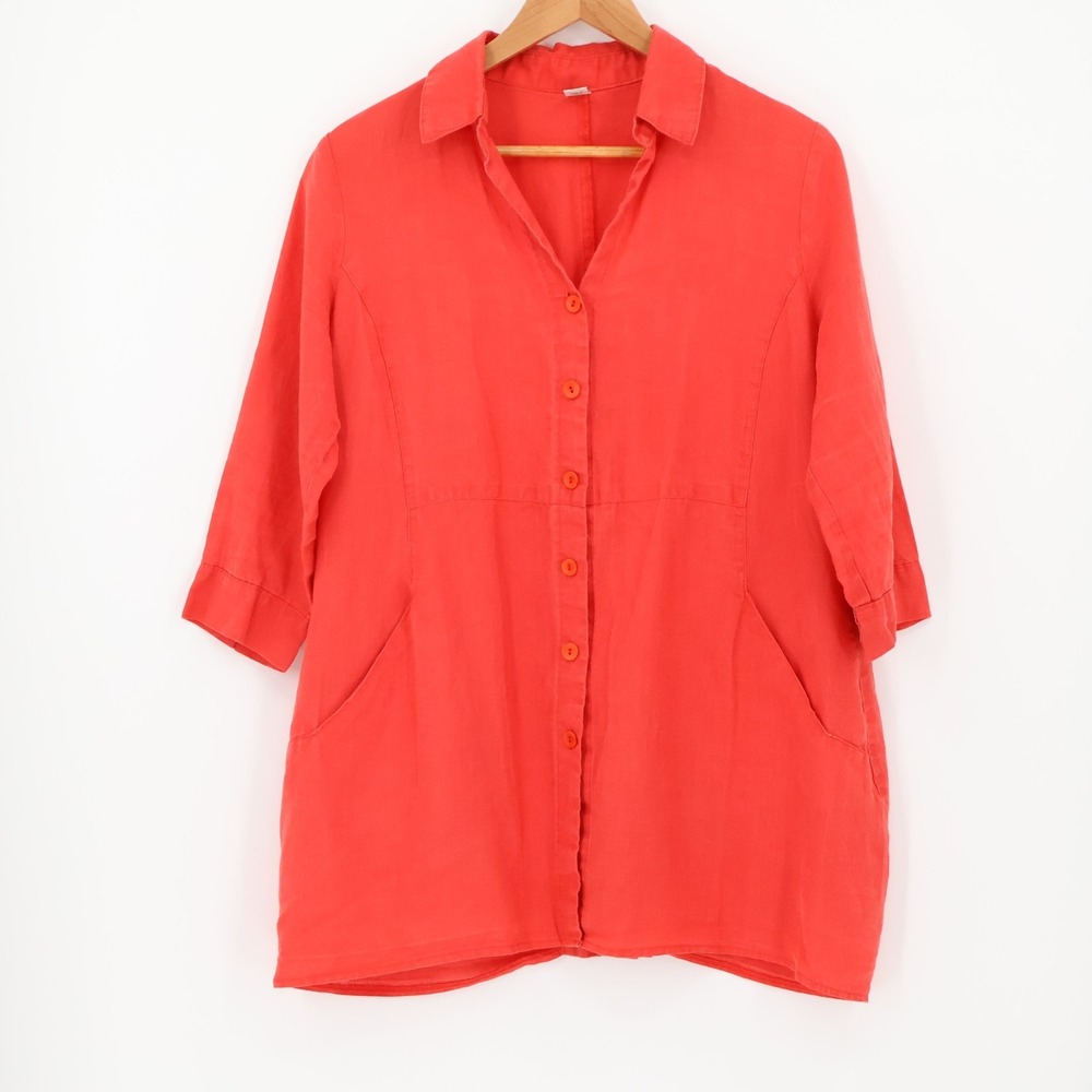 Dark Coral Linen Tunic Top Lagenlook Coastal Beachy Oversized Pockets Size M/L